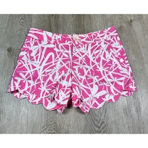 Lilly Pulitzer Palm Print Scalloped Hem Shorts Pink White Women's Size 4